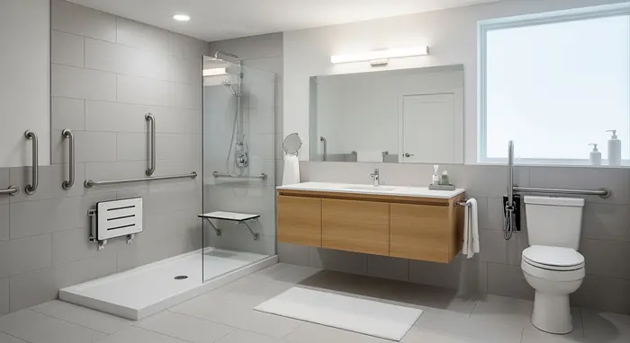 Modernes, barrierefreies Badezimmer mit bodengleicher Dusche, Haltegriffen und Duschsitz; helle Fliesen, klare Linien.