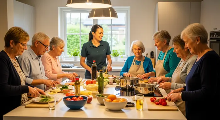 Bewohner einer ambulanten Wohngruppe kochen gemeinsam mit Unterstützung einer Präsenzkraft in einer offenen Küche.