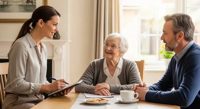 Pflegeberaterin macht sich Notizen während eines Hausbesuchs; ältere Dame und Angehöriger sitzen am Tisch; freundliche Beratungssituation.