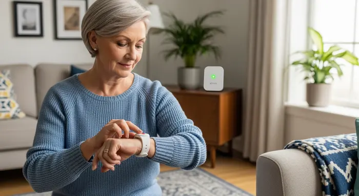Seniorin trägt einen diskreten Hausnotruf-Armbandsender im Wohnzimmer, drückt beruhigt den Knopf, im Hintergrund eine Basisstation auf dem Sideboard.