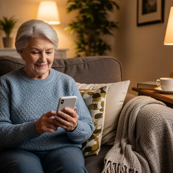 Seniorin nutzt ein Smartphone zu Hause, lächelt, während sie eine Service-App verwendet, keine lesbaren UI-Details, gemütliche Sofaecke.