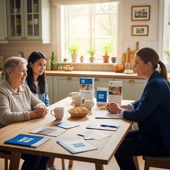 Pflegeberaterin der WMF BKK spricht mit Seniorin und Tochter am Küchentisch, Unterlagen und Stifte liegen bereit, freundliche Atmosphäre, Tageslicht, wohnliche Umgebung.