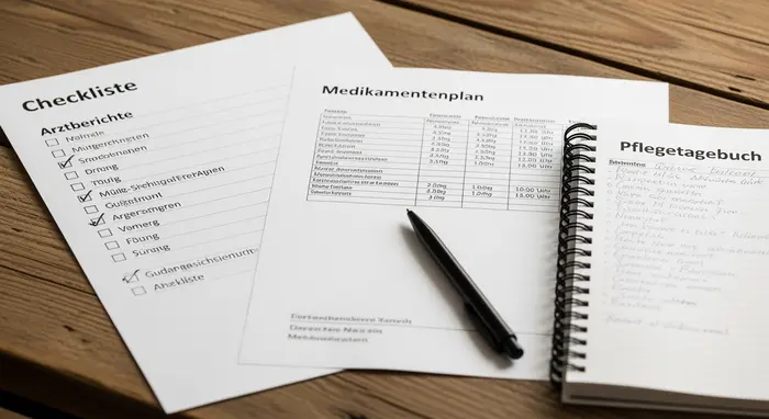 Checkliste mit Arztberichten, Medikamentenplan und Pflegetagebuch auf Holztisch, Stift daneben.