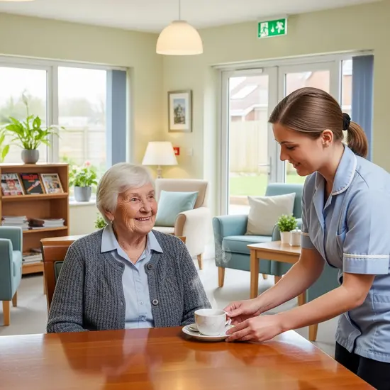 Seniorin in einer hellen Kurzzeitpflege-Einrichtung sitzt in Gemeinschaftsraum, Pflegekraft serviert Tee, entspannte Atmosphäre.