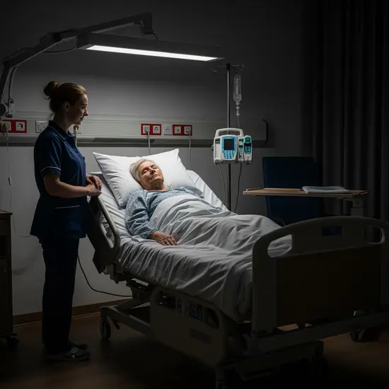 Ruhiger Nachtpflegebereich mit gedimmtem Licht, Senior schläft in Pflegebett, Pflegekraft schaut leise nach dem Rechten.