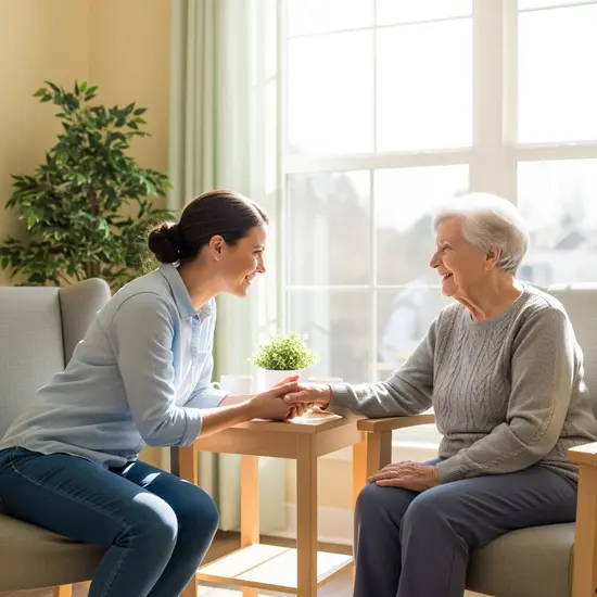Tochter besucht ihre Mutter im Pflegeheim, hält ihre Hand, beide lächeln, helles Besucherzimmer.