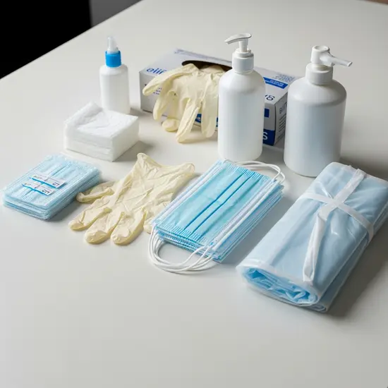 Pflegehilfsmittel zum Verbrauch: Handschuhe, Desinfektionsmittel, Mundschutz und Einwegschürzen ordentlich auf einem Tisch arrangiert.