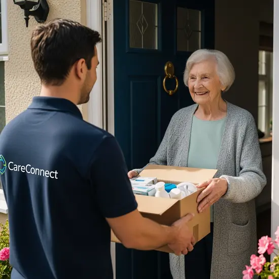 Paket mit Pflegehilfsmitteln wird an der Haustür übergeben, Seniorin nimmt lächelnd entgegen, freundlicher Paketbote.