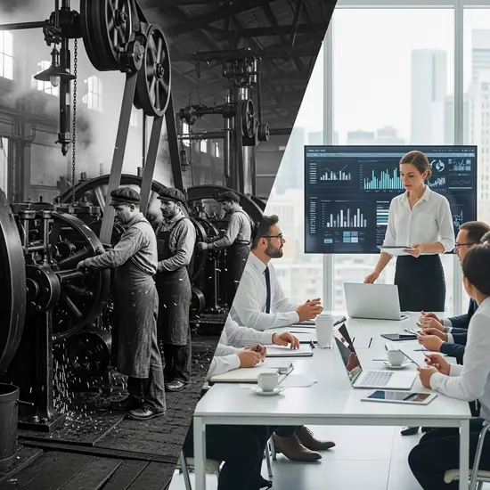 Historische Schwarz-Weiß-Fotografie einer Fabrikarbeiter-Szene gegenübergestellt einer modernen Beratungsszene, Tradition trifft Gegenwart, ohne Text im Bild.