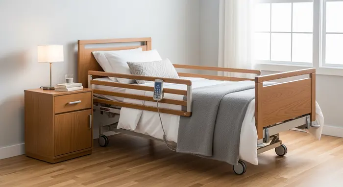 Modernes Pflegebett mit Seitengittern und Nachttisch in hellem Schlafzimmer, sorgfältig aufgeräumt.