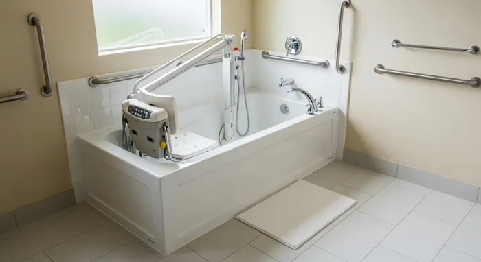 Badewannenlifter in einem barrierearmen Badezimmer mit Haltegriffen und rutschfesten Fliesen.