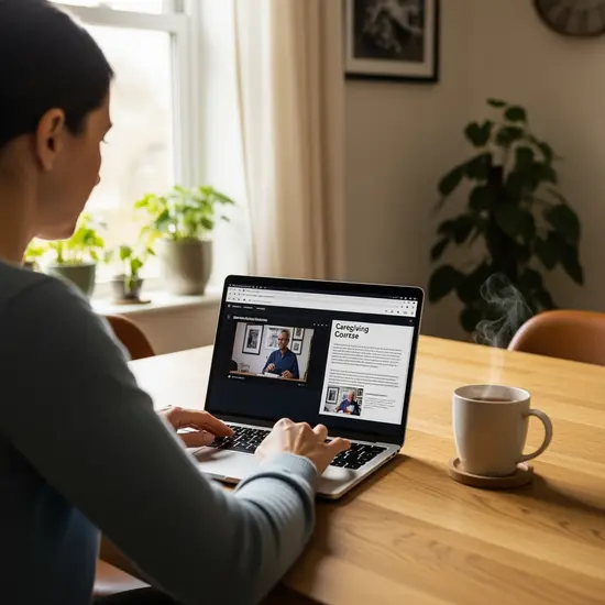 Pflegender Angehöriger absolviert einen Online-Pflegekurs am Laptop zu Hause, konzentrierter Blick, Tasse Tee daneben.