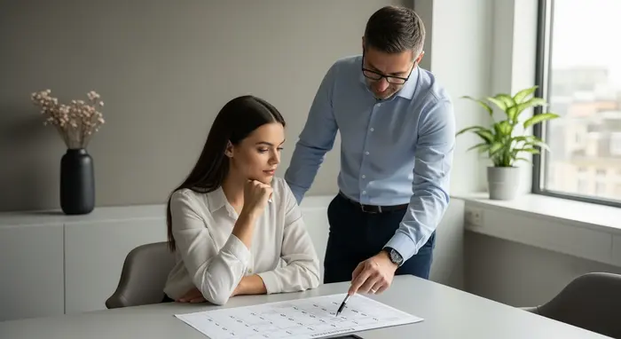 Berufstätige Frau im Gespräch mit Vorgesetztem im Büro, neutrale Besprechungsecke, beide schauen auf einen Kalenderplan.