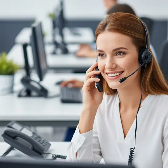 Freundliche Service-Mitarbeiterin mit Headset in heller Beratungshotline-Umgebung, lächelt während eines Anrufs.