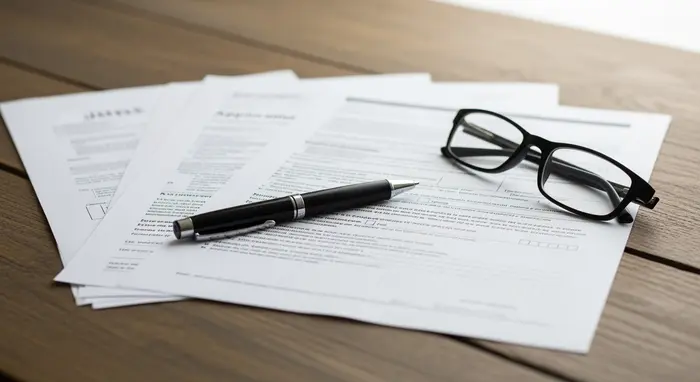 Ausgedruckte Formulare mit Stift auf Holztisch, Brille daneben, ruhige, sachliche Szene.