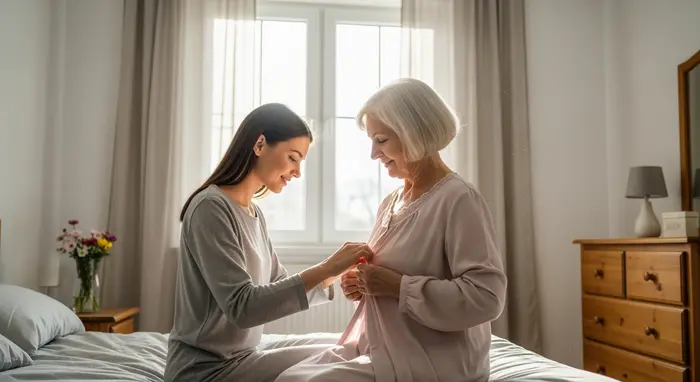 Tochter hilft ihrer älteren Mutter beim Anziehen im hellen Schlafzimmer, sanfte Gesten, ruhige Morgenstimmung.