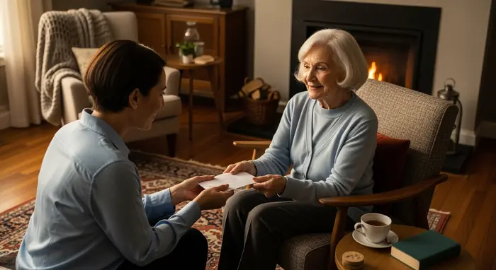 Seniorin erhält von ihrer Tochter einen Umschlag als Anerkennung für Pflege, warmes Wohnzimmer, respektvolle Atmosphäre.