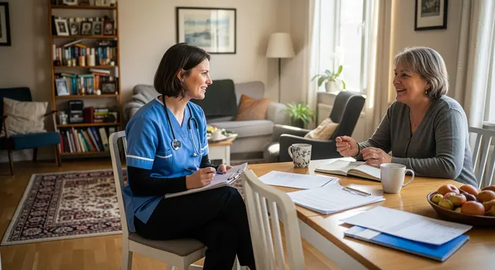 Pflegefachkraft führt einen Beratungseinsatz in der Wohnung durch, notiert Beobachtungen, freundlicher Austausch mit pflegender Angehöriger.