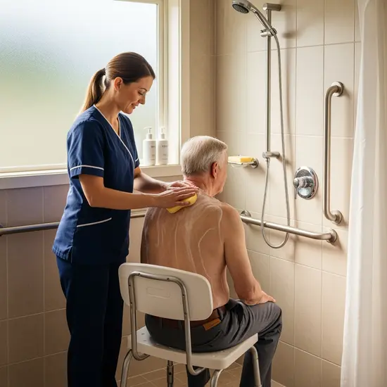 Ambulanter Pflegedienst hilft älterem Herrn beim Waschen im Badezimmer mit Haltegriffen, respektvoll und sorgfältig.