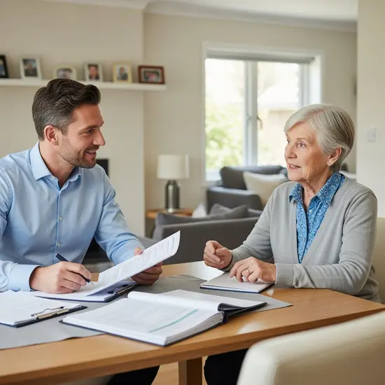 MD-Gutachter besucht Seniorin zu Hause, prüft Unterlagen, beobachtet Mobilität, respektvolle und professionelle Atmosphäre.