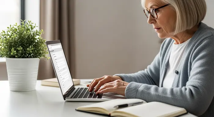 Ältere Frau füllt einen Online-Antrag am Laptop aus, Brille, ruhiger Schreibtisch mit Pflanzen und Notizbuch.