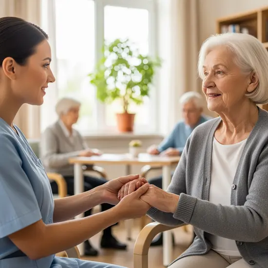 Seniorin hält die Hand einer Pflegekraft im Aufenthaltsraum, Vertrauen und Nähe, ruhige Szene.