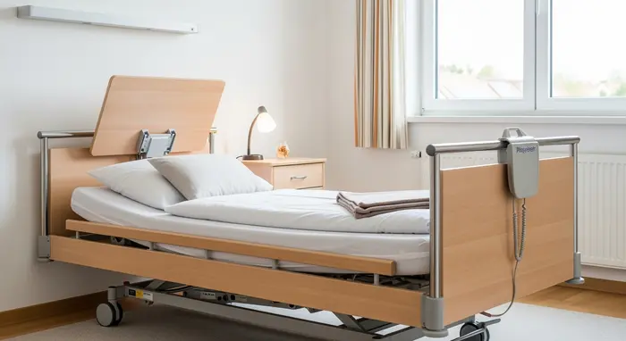 Pflegebett in einem hellen Schlafzimmer mit verstellbarem Kopfteil, Nachttisch mit Lampe, aufgeräumte Umgebung.