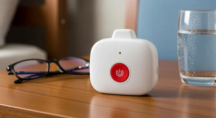 Hausnotruf-Sender auf einem Nachttisch neben Brille und Wasserglas, klarer Fokus auf das Gerät.