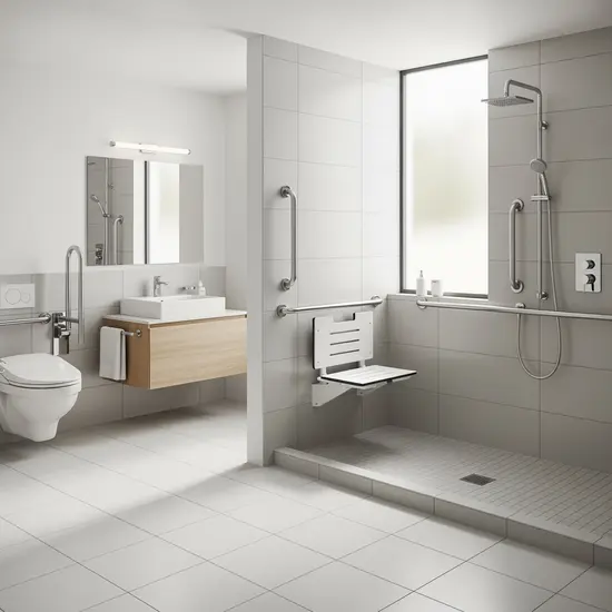 Modernes, barrierefreies Badezimmer mit bodengleicher Dusche, Haltegriffen und Duschsitz, hell und rutschfest.