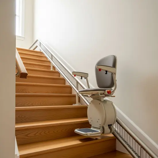 Treppenlift in einem hellen Treppenhaus, Holzstufen, neutrale Wände, sichere und stabile Konstruktion.