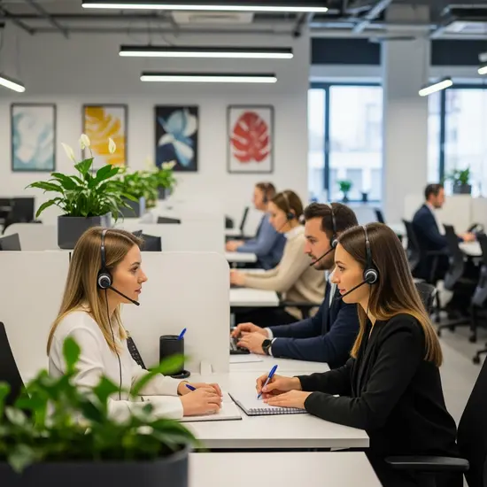 Team von Pflegekassen-Mitarbeitern in einem modernen Servicecenter, offene Arbeitsplätze, Headsets, konzentrierte Beratungssituation ohne sichtbare Bildschirme.