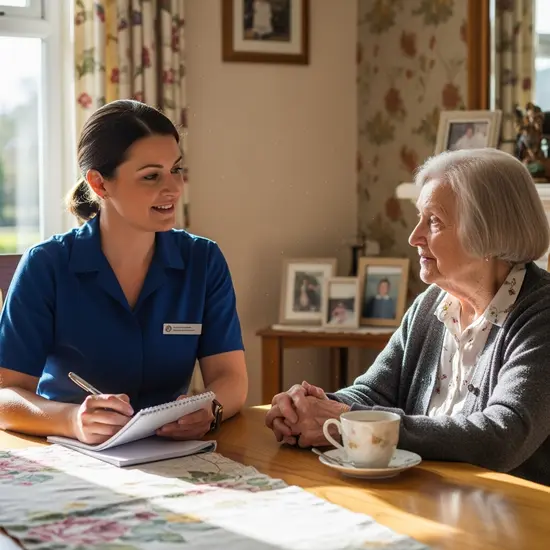 Pflegegutachter spricht mit Seniorin am Esstisch, Notizblock, respektvolle Haltung, helles Tageslicht, vertraute Wohnumgebung.