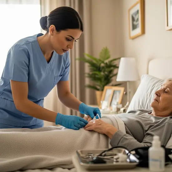 Ambulanter Pflegedienst versorgt Senior am Bett, professionelle Pflegekraft mit Handschuhen, aufmerksamer Blick.