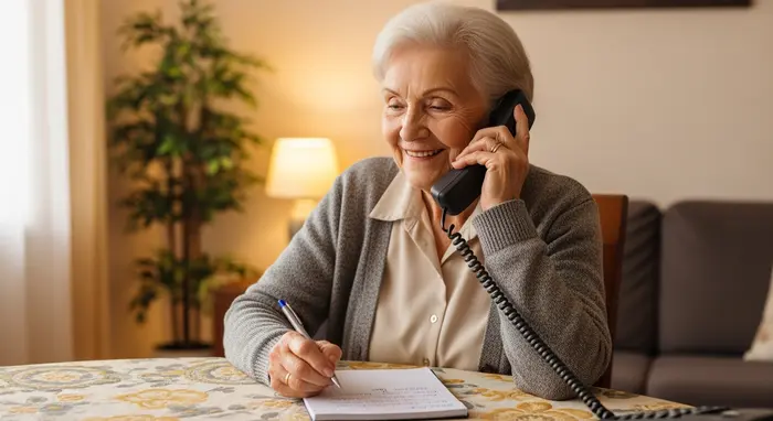Seniorin telefoniert entspannt in ihrer Wohnung, notiert einen Termin, Kugelschreiber und Notizzettel, freundliche Stimmung.