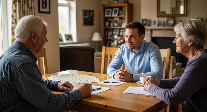 Pflegegutachter besucht älteres Ehepaar zu Hause, sitzt am Tisch, erklärt freundlich den Ablauf, respektvolle Distanz.