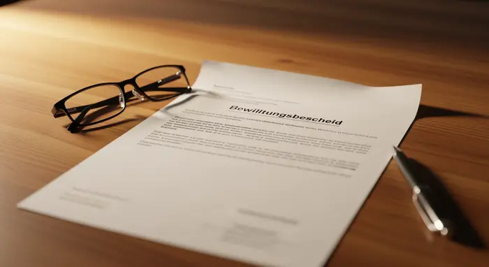 Brief mit Bewilligungsbescheid liegt auf Holztisch neben Brille und Stift, Details nicht lesbar, warmes Licht.