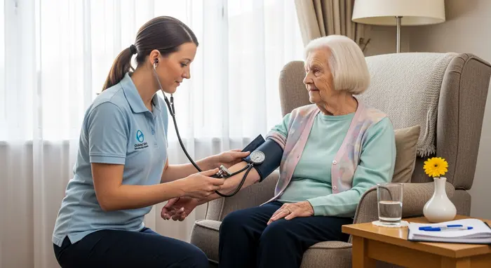 Ambulante Pflegekraft besucht Seniorin zu Hause, misst Blutdruck, ruhige und professionelle Szene.