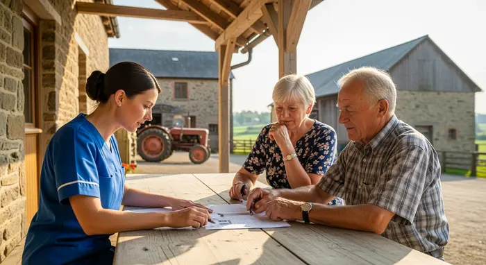 Pflegerin sitzt mit älterem Bauernpaar am Holztisch auf einem Bauernhof, bespricht Versicherungsunterlagen; im Hintergrund Hofgebäude und Traktor, warmes Tageslicht, ländliche Atmosphäre.