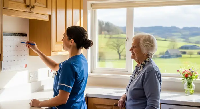 Pflegerin markiert Termine in einem Wandkalender neben einer älteren Dame; helle Küche mit ländlichem Ausblick.