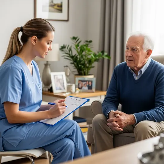Pflegefachkraft führt bei älterem Mann eine Begutachtung zuhause durch, schreibt Notizen auf Klemmbrett.