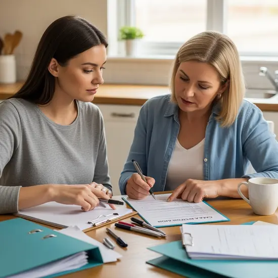 Tochter unterstützt Mutter beim Ausfüllen eines Pflegeantrags am Küchentisch, Ordner und Stifte bereit.