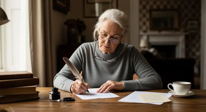 Ältere Frau schreibt einen Widerspruchsbrief an einem rustikalen Schreibtisch, ruhige konzentrierte Atmosphäre.
