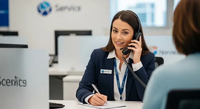 Beraterin telefoniert mit pflegender Angehöriger in einem Servicezentrum, Notizblock und Headset sichtbar.