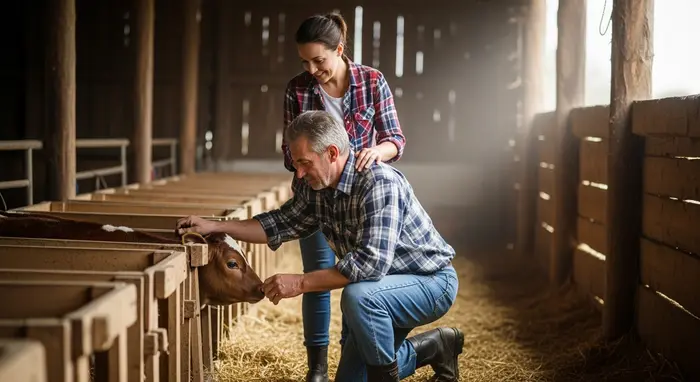 Erwachsene Tochter unterstützt ihren Vater im Stall; beide tragen Arbeitskleidung, Kälberboxen im Hintergrund.