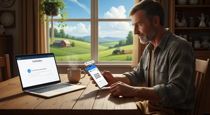 Landwirt sitzt am Küchentisch mit Laptop und Smartphone, bestätigt Anmeldung per Zwei-Faktor-Authentifizierung, ländlicher Ausblick durchs Fenster.