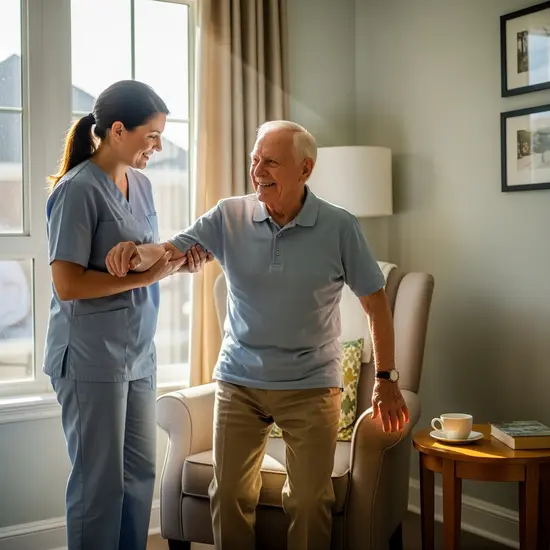 Pflegerin unterstützt älteren Mann beim Aufstehen aus dem Sessel; beide lächeln, helles Tageslicht.