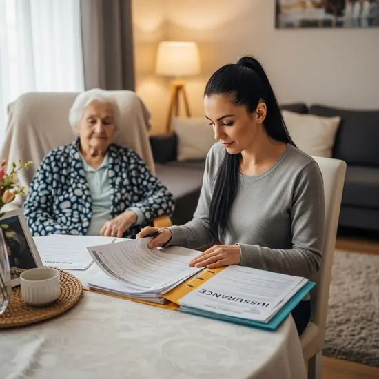 Junge Frau sortiert Ordner und Versicherungsunterlagen am Wohnzimmertisch neben ihrer pflegebedürftigen Mutter.