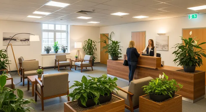 Freundlicher Empfangsbereich einer Verwaltung mit Pflanzen und Holzmöbeln, Beraterin begrüßt Besucher.