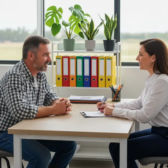 Landwirt im karierten Hemd spricht in moderner Beratungsstelle mit Sachbearbeiterin, Aktenordner und Pflanzen im Hintergrund.