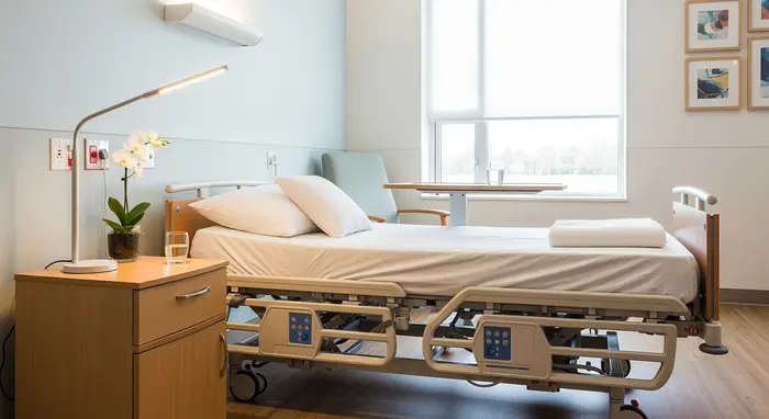 Moderner Pflegebettplatz in einem hellen Zimmer mit Nachttisch und Leselampe.